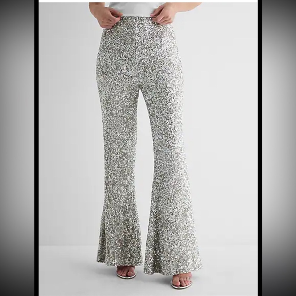 Express Glittering Silver High Waisted Flare Pants
